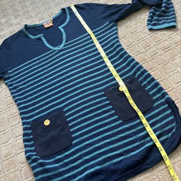 Tory Burch Wool Cashmere Sweater Women's L Striped Knit Tunic Navy Blue Preppy - Picture 9 of 10